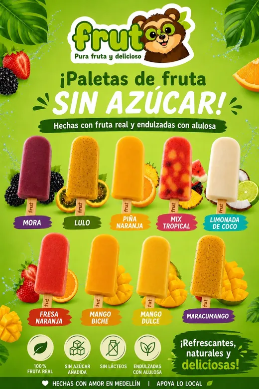 Póster con los 9 sabores de paletas Frutoso: mora, lulo, piña naranja, mix tropical, limonada de coco, fresa naranja, mango biche, mango dulce y maracumango